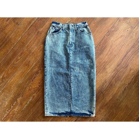 RARE 80s Levi’s Acid Wash Denim Jean Midi Skirt Pencil Skirt Secretary sz 7 - Picture 1 of 16